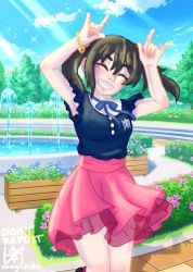 Rule 34 | 1girl, artist name, artist request, bare legs, black hair, blue ribbon, blue shirt, blue sky, blush, bow, breasts, cloud, collared shirt, closed eyes, female focus, hair bow, looking at viewer, love live!, love live! school idol festival, love live! school idol project, neck ribbon, nico nico nii, outdoors, parted lips, pink skirt, red eyes, ribbon, shirt, short hair, sia (bunnlzuku), skirt, sky, small breasts, smile, socks, solo, twintails, yazawa nico