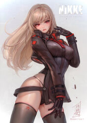Rule 34 | 1girl, black gloves, black jacket, black leotard, black panties, black thighhighs, blush, breasts, collared leotard, copyright name, cropped jacket, gloves, gluteal fold, goddess of victory: nikke, highres, jacket, kumahitoart, large breasts, leotard, light brown hair, lips, long hair, nose, panties, rapi (nikke), red eyes, red jacket, signature, skindentation, solo, string panties, thighhighs, twitter username, two-sided fabric, two-sided jacket, underwear
