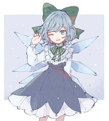 Rule 34 | 1girl, ;d, adapted costume, arm behind back, blue background, blue dress, blue eyes, blue hair, border, bow, bowtie, cirno, dot nose, dress, embellished costume, feet out of frame, frills, green bow, green ribbon, hair bow, hair ornament, half updo, hand up, long sleeves, looking at viewer, mozukuzu (manukedori), neck ribbon, one eye closed, open mouth, outside border, ribbon, short hair, simple background, smile, solo, striped bow, striped bowtie, striped clothes, striped neckwear, striped ribbon, swept bangs, teeth, touhou, upper teeth only, wavy hair, white border, wings