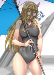 Rule 34 | 10s, 1girl, animal ears, ayato, bare arms, bare shoulders, beach umbrella, black one-piece swimsuit, blonde hair, breasts, choker, closed mouth, coke-bottle glasses, competition swimsuit, covered navel, cowboy shot, emblem, covered erect nipples, fake animal ears, girls und panzer, gluteal fold, hair between eyes, highres, holding, holding umbrella, large breasts, long hair, nekonyaa, one-piece swimsuit, ooarai (emblem), solo, swimsuit, umbrella