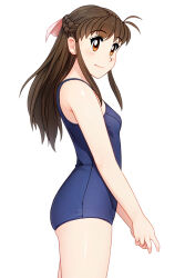 1girl blue_one-piece_swimsuit breasts brown_eyes brown_hair commentary_request hair_ribbon half_up_braid half_updo highres katsuragi_ayane long_hair looking_at_viewer neopure old_school_swimsuit one-piece_swimsuit own_hands_together ribbon school_swimsuit simple_background small_breasts smile solo swimsuit true_love_story white_background