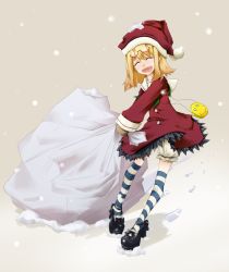 Rule 34 | 1girl, blonde hair, christmas, glasses, hato haru, santa costume, snow, solo, striped clothes, striped thighhighs, thighhighs