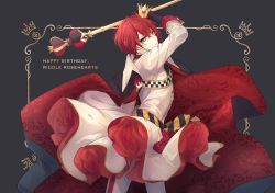 Rule 34 | 1boy, black background, black gloves, cape, character name, checkered sash, commentary, cowboy shot, crown, english text, frown, gloves, grey background, grey eyes, highres, jacket, kiu 9ri, male focus, pants, red cape, red hair, riddle rosehearts, sash, scepter, short hair, simple background, sleeve cuffs, solo, striped belt, tagme, twisted torso, twisted wonderland, unamused, white jacket, white pants