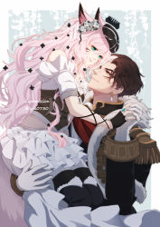Rule 34 | 1boy, 1girl, animal ears, bare shoulders, black gloves, black hair, blue eyes, bustier, carrying, cat ears, cat tail, child carry, commission, emet-selch, facial mark, final fantasy, final fantasy xiv, fingerless gloves, flower, frilled skirt, frills, garlean, gloves, hair between eyes, hair flower, hair ornament, hat, highres, holding hands, long hair, looking at another, lyra-kotto, miqo&#039;te, multicolored hair, pink hair, short hair, skirt, smile, tail, third eye, twitter username, two-tone hair, very long hair, warrior of light (ff14), whisker markings, white gloves, yellow eyes