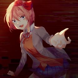 Rule 34 | 1girl, blue eyes, blush, bow, collar, crazy eyes, crazy smile, doki doki literature club, glitch, hair bow, hair ornament, highres, jacket, janineuy09, long sleeves, looking at viewer, neck ribbon, open mouth, pink hair, pleated skirt, red bow, red ribbon, ribbon, sayori (doki doki literature club), school uniform, short hair, skirt, smile, white collar, yandere