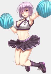 Rule 34 | 1girl, alternate costume, arm up, armpits, black socks, blush, breasts, cheering, cheerleader, choker, cleavage, fate/grand order, fate (series), gloves, hair over one eye, highres, jumping, kneehighs, large breasts, looking at viewer, mash kyrielight, michihasu, midriff, navel, open mouth, pleated skirt, pom pom (cheerleading), purple eyes, purple gloves, shoes, short hair, simple background, skirt, sneakers, socks, solo, sweat
