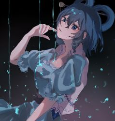 Rule 34 | 1girl, blue dress, blue eyes, blue hair, breasts, collarbone, dress, drill hair, gradient background, grey background, hair between eyes, hair ornament, hair rings, hair stick, hand up, highres, kaku seiga, looking at viewer, mimino courou, parted lips, puffy short sleeves, puffy sleeves, shawl, short hair, short sleeves, simple background, solo, touhou, upper body, vest, water