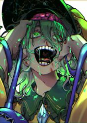 1girl absurdres blood bow brain commentary_request dress green_eyes green_hair green_hat hat heart heart-shaped_pupils highres komeiji_koishi solo symbol-shaped_pupils teeth third_eye tongue touhou white_background yamazaki_tsukune yellow_bow yellow_dress