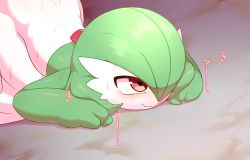 Rule 34 | 1girl, alacarte, bed sheet, blush, bob cut, clenched hands, closed mouth, colored skin, completely nude, creatures (company), cropped, female focus, game freak, gardevoir, gen 3 pokemon, green hair, green skin, hair over one eye, hands up, happy, heart, heavy breathing, japanese text, looking up, multicolored skin, nintendo, nude, one eye covered, pokemon, pokemon (creature), red eyes, short hair, smile, solo, spoken heart, sweat, top-down bottom-up, translated, two-tone skin, wavy mouth, white skin