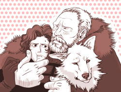 Rule 34 | 2boys, a song of ice and fire, animification, beard, coat, facial hair, fur trim, ghost (a song of ice and fire), hug, jeor mormont, jon snow, monochrome, multiple boys, red theme, wolf, yd switch