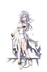 Rule 34 | #17, 1girl, barefoot, breasts, chain, chained, dress, feet, flower, full body, glasses, hand up, highres, large breasts, long hair, looking at viewer, official art, princess principal, princess principal game of mission, purple hair, solo, standing, toes, torn clothes, torn dress, transparent background, white dress, yellow eyes