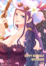 Rule 34 | 1girl, 321, blue eyes, bracelet, character name, commentary request, cross-laced clothes, cross-laced top, dated, detached sleeves, dress, falling petals, feathers, flower, gun, happy birthday, hat, head scarf, highres, holding, holding gun, holding weapon, jewelry, looking at viewer, nico robin, one piece, petals, pink petals, ponytail, purple dress, purple nails, purple scarf, scarf, side ponytail, sidelocks, signature, solo, sunglasses, twitter username, upper body, weapon