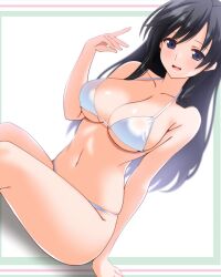 Rule 34 | 1girl, arm support, bare shoulders, bikini, black hair, blue eyes, blush, breasts, engo (aquawatery), girls und panzer, isuzu hana, large breasts, long hair, looking at viewer, open mouth, simple background, sitting, smile, solo, swimsuit, white background, white bikini