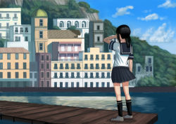 Rule 34 | 1girl, architecture, black hair, black socks, black skirt, building, city, cloud, cloudy sky, commentary request, day, from behind, fubuki (kancolle), hand on own face, highres, house, kantai collection, kneehighs, medium hair, mountain, pier, ponytail, scenery, school uniform, serafuku, shirt, shoes, sidelocks, skirt, sky, socks, solo, standing, wasabi60, water, white shirt
