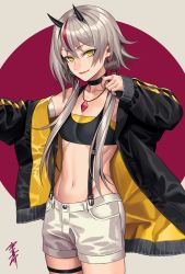 Rule 34 | 1girl, absurdres, breasts, choker, cleavage, collarbone, cowboy shot, grey background, groin, hair between eyes, highres, horns, jewelry, long hair, low twintails, multicolored hair, navel, necklace, original, short shorts, shorts, silver hair, small breasts, smile, solo, sora yoshitake yuda, standing, stomach, streaked hair, suspender shorts, suspenders, thigh strap, twintails, white shorts, yellow eyes