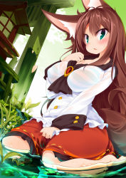 Rule 34 | 1girl, animal ears, blush, bra, breasts, brooch, brown hair, covered erect nipples, dress, fang, green eyes, highres, imaizumi kagerou, jewelry, koha, large breasts, long hair, long sleeves, looking at viewer, see-through, sitting, solo, striped bra, striped clothes, tail, touhou, underwear, water, wet, wolf ears, wolf tail