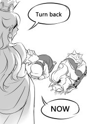 Rule 34 | absurdres, alternate language, armlet, borrowed design, bowing, bowsette, bracelet, collar, comic, crown, dogeza, dress, earrings, english text, greyscale, highres, horns, jewelry, mario, mario (series), monochrome, new super mario bros. u deluxe, nintendo, princess peach, ryuusei (mark ii), spiked armlet, spiked bracelet, spiked collar, spiked shell, spikes, strapless, strapless dress, super crown