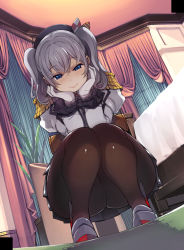Rule 34 | 1girl, absurdres, alternate legwear, black pantyhose, black skirt, blue eyes, breasts, epaulettes, frilled sleeves, frills, gloves, highres, indoors, jacket, kantai collection, kashima (kancolle), large breasts, long sleeves, looking at viewer, mil (xration), military, military jacket, military uniform, miniskirt, pantyhose, pleated skirt, sidelocks, silver hair, skirt, smile, solo, squatting, twintails, uniform, white gloves, white jacket