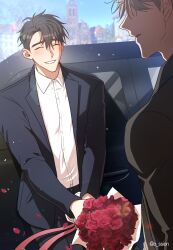 Rule 34 | 2boys, absurdres, black car, black coat, blush, bouquet, brown hair, car, cityscape, closed eyes, coat, collared shirt, european architecture, falling petals, flower, highres, holding, holding bouquet, ilay riegrow, jeong taeui, long sleeves, male focus, motor vehicle, multiple boys, o ssion, passion (manhwa), petals, photo background, red flower, red rose, rose, shirt, short hair, smile, white hair, white shirt