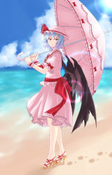 Rule 34 | 1girl, aged up, bad id, bad pixiv id, bat wings, beach, blue hair, blue sky, bow, brooch, cloud, collar, day, fang, footprints, frilled collar, frilled shirt collar, frilled skirt, frills, hat, hat bow, high heel sandals, high heels, highres, horizon, jewelry, legs, lens flare, looking at viewer, mob cap, ocean, outdoors, parasol, pink shirt, pink skirt, red eyes, remilia scarlet, sandals, shirt, shoes, short hair, short sleeves, skirt, sky, smile, solo, sun, sunlight, toeless footwear, touhou, umbrella, when you see it, wind, wings, wrist cuffs, zellam