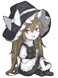 Rule 34 | 1girl, absurdres, alternate eye color, alternate hair color, apron, back bow, black dress, black footwear, black hat, black socks, bow, braid, brown eyes, brown hair, buttons, chibi, commentary request, crossed bangs, dress, eyelashes, frills, green bow, hair between eyes, hair bow, hat, hat bow, highres, hisha (kan moko), kirisame marisa, long hair, looking to the side, open mouth, puffy short sleeves, puffy sleeves, shirt, shoes, short sleeves, simple background, single braid, sitting, smile, socks, solo, tongue, touhou, very long hair, white apron, white background, white bow, white shirt, witch hat