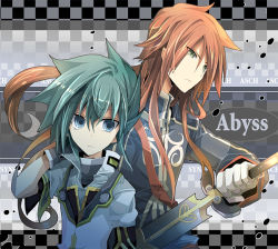 Rule 34 | 00s, 2boys, asch (tales), character name, coat, fruit punch, gloves, green eyes, green hair, long hair, male focus, multiple boys, red hair, sword, sync (tales), tales of (series), tales of the abyss, weapon
