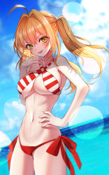Rule 34 | 1girl, :d, absurdres, ahoge, baocaizi, bare arms, bare shoulders, bikini, blonde hair, blue sky, blush, breasts, cleavage, cloud, collarbone, criss-cross halter, day, dutch angle, fate/grand order, fate (series), fingernails, green eyes, hair between eyes, hair intakes, halterneck, hand on own hip, head tilt, highres, horizon, large breasts, long hair, navel, nero claudius (fate), nero claudius (fate) (all), nero claudius (swimsuit caster) (fate), ocean, open mouth, outdoors, red bikini, side-tie bikini bottom, sidelocks, sky, smile, solo, striped bikini, striped clothes, swimsuit, twintails, water