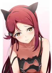 Rule 34 | 1girl, amagi (volfuji), animal ears, bare shoulders, blush, breasts, brown eyes, cat ears, closed mouth, downblouse, gradient background, hair ornament, head tilt, highres, long hair, looking at viewer, loose clothes, love live!, love live! sunshine!!, medium breasts, no bra, paw hair ornament, red hair, sakurauchi riko, simple background, smile, solo, strap slip, upper body