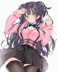 Rule 34 | 1girl, :t, black bow, black bowtie, black hair, black skirt, black thighhighs, blunt bangs, blurry, blush, bow, bowtie, breasts, brown eyes, closed mouth, cowboy shot, depth of field, frilled shirt, frills, hands up, highres, idolmaster, idolmaster shiny colors, long hair, long sleeves, looking at viewer, mayuzumi fuyuko, medium breasts, pink shirt, shirt, simple background, skirt, solo, standing, tears, thighhighs, two side up, white background, yuanagae, zettai ryouiki, zipper, zipper pull tab
