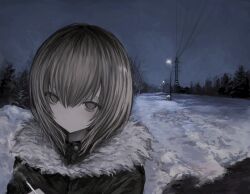 Rule 34 | 1girl, black coat, chan8016, cigarette, coat, expressionless, fur-trimmed coat, fur trim, grey eyes, grey hair, holding, holding cigarette, lamppost, medium hair, night, original, outdoors, pale skin, power lines, scenery, smoke, snow, solo, winter clothes, winter coat