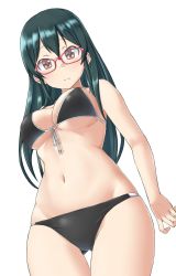 Rule 34 | 1girl, aimobake, arm behind head, bad id, bad twitter id, bespectacled, bikini, black bikini, black hair, breasts, brown eyes, closed mouth, commentary request, cowboy shot, front-tie bikini top, front-tie top, glasses, gluteal fold, highres, idolmaster, idolmaster cinderella girls, light frown, long hair, looking at viewer, looking down, medium breasts, navel, ohishi izumi, red-framed eyewear, simple background, skindentation, solo, standing, swimsuit, thigh gap, white background