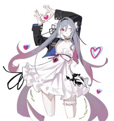 Rule 34 | 1girl, arms up, black hairband, black jacket, closed mouth, collarbone, commentary, covered collarbone, cropped jacket, cropped legs, dress, fu hua, fu hua (herrscher of sentience), gradient hair, grey hair, hair between eyes, hairband, heart, heart hands, highres, honkai (series), honkai impact 3rd, jacket, long hair, multicolored hair, one eye closed, open clothes, open jacket, pink hair, puckered lips, red eyes, sho 2nini, simple background, sleeveless, sleeveless dress, solo, standing, symbol-only commentary, very long hair, white background, white dress