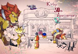 Rule 34 | anniversary, awoofy, balloon, bandana waddle dee, beanie, camera, chair, clawroline, coat, eating, elfilin, fork, hat, highres, king dedede, kirby, kirby (series), kirby and the forgotten land, leongar, meta knight, mokichi (4exezmfsatnhsm5), nintendo, stuffed toy, restaurant, sign, table, taking picture, waddle dee