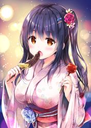 Rule 34 | 1girl, blush, breasts, brown eyes, candy apple, chocolate banana, commentary request, fingernails, floral print, flower, food, hair between eyes, hair flower, hair ornament, hands up, hisama kumako, holding, holding food, japanese clothes, kimono, long hair, long sleeves, medium breasts, obi, one side up, open mouth, original, pink kimono, print kimono, purple hair, red flower, red rose, rose, sash, solo, very long hair, wide sleeves, yukata
