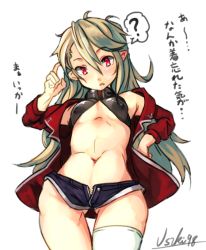 Rule 34 | 1girl, ?, blonde hair, confused, gluteal fold, jacket, long hair, looking at viewer, micro shorts, navel, original, pointy ears, pov, red eyes, shorts, single thighhigh, solo, spoken question mark, thigh gap, thighhighs, translation request, usuki (graygreed), watermark, white thighhighs