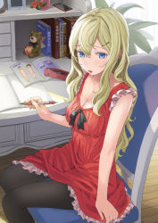 Rule 34 | 1girl, black pantyhose, blonde hair, blue eyes, blush, breasts, cellphone, chair, cleavage, dress, earrings, frill trim, hair between eyes, hair ornament, hairclip, indoors, jewelry, long hair, mechanical pencil, medium breasts, original, pantyhose, parted lips, pencil, pencil case, phone, red dress, sidelocks, sitting, smartphone, solo, yoropa