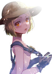 Rule 34 | 1girl, absurdres, bare shoulders, blonde hair, blush, breasts, brown gloves, fate/grand order, fate (series), gloves, hat, highres, looking at viewer, naked overalls, oosawara sadao, orange eyes, overalls, parted lips, paul bunyan (fate), paul bunyan (third ascension) (fate), short hair, sideboob, simple background, small breasts, solo, white background