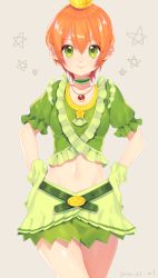 Rule 34 | 10s, 1girl, choker, crown, dated, etsuo, gloves, green eyes, green gloves, green skirt, hands on own hips, hoshizora rin, jewelry, looking at viewer, love live!, love live! school idol project, midriff, music s.t.a.r.t!!, navel, necklace, orange hair, short hair, skirt, smile, solo