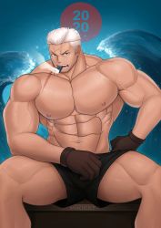Rule 34 | 1boy, abs, absurdres, bara, black male underwear, boxers, bulge, cigar, facial hair, highres, large pectorals, looking at viewer, male focus, male underwear, mature male, mikicat, muscular, muscular male, navel, nipples, one piece, pectorals, scar, scar on chest, short hair, sideburns, sitting, smoker (one piece), smoking, solo, spread legs, stitches, stomach, stubble, thighs, underwear, underwear only, veins, white hair
