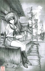 Rule 34 | 1girl, arm behind back, arm support, artist logo, artist name, blouse, building, can, closed mouth, cloud, cloudy sky, commentary, day, drink can, girls und panzer, graphite (medium), greyscale, hairband, head tilt, holding, holding can, loafers, long hair, long sleeves, looking at viewer, miniskirt, monochrome, neckerchief, ooarai school uniform, outdoors, pleated skirt, reizei mako, road sign, school uniform, sekirei tessar, serafuku, shirt, shoes, sign, sitting, skirt, sky, smile, socks, soda can, solo, traditional media, utility pole