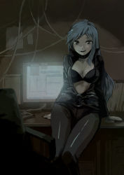 Rule 34 | 1girl, blue hair, computer, female focus, kinosaki, looking at viewer, md5 mismatch, nemissa, solo, soul hackers, wide hips