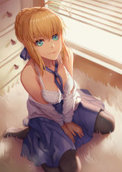 Rule 34 | 1girl, ahoge, animal ears, artoria pendragon (all), artoria pendragon (fate), bare shoulders, between legs, black pantyhose, blonde hair, blue eyes, blue ribbon, blue skirt, bra, braid, breasts, carpet, cleavage, closed mouth, commentary request, day, fate/stay night, fate (series), from above, hair ribbon, hand between legs, highres, indoors, long sleeves, looking at viewer, looking up, medium breasts, mool yueguang, neck ribbon, no shoes, off shoulder, on floor, open clothes, open shirt, own hands together, pantyhose, partial commentary, pink lips, ribbon, saber (fate), shelf, shirt, short hair, sidelocks, sitting, skirt, smile, solo, underwear, wariza, white bra, white shirt, windowsill