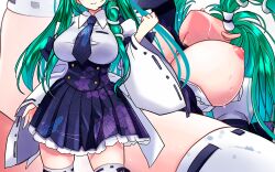 Rule 34 | 1boy, 1girl, blush, bouncing breasts, breasts, censored, clothes lift, commentary request, dated, feet out of frame, frilled skirt, frills, green hair, head back, hetero, high-waist skirt, kochiya sanae, large breasts, long hair, necktie, nipples, purple necktie, purple skirt, ribbon-trimmed thighhighs, ribbon trim, sex, sidelocks, skirt, skirt lift, thighhighs, touhou, trembling, vaginal, white thighhighs, yamaguchi yuu