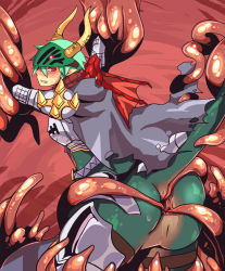 Rule 34 | 1boy, anus, armor, blush, board game, cape, chess, clenched teeth, commentary request, dragon boy, emon-yu, feet out of frame, green hair, grey cape, hair between eyes, horns, leg armor, looking at viewer, looking back, male focus, pauldrons, ragnarok online, red eyes, restrained, rune knight (ragnarok online), short hair, shoulder armor, solo, spiked pauldrons, teeth, tentacles, tentacles on male, visor (armor)