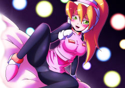 Rule 34 | 1girl, arm support, bed sheet, blonde hair, blush, bodystocking, breasts, capcom, clothes lift, come hither, green eyes, hair between eyes, headgear, high heels, high ponytail, large breasts, long hair, looking at viewer, mega man (series), mega man zero (series), miniskirt, open mouth, panties, panties under pantyhose, pantyhose, pink skirt, ponytail, shoes, sitting, skirt, skirt lift, smile, solo, spread legs, underwear