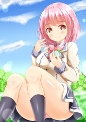 Rule 34 | 1girl, :t, ass, black skirt, black socks, blush, braid, breasts, brown eyes, brown jacket, closed mouth, cloud, commentary request, day, eating, feet out of frame, hands up, highres, holding, jacket, long sleeves, medium breasts, ongeki, outdoors, panties, pink hair, pink panties, skirt, sleeves past wrists, smile, socks, solo, underwear, xenon (for achieve)