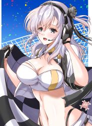 Rule 34 | 1girl, absurdres, adapted costume, bandeau, black gloves, black panties, breasts, cape, checkered flag, cleavage, cosplay, cowboy shot, flag, gloves, gotland (kancolle), gotland (kancolle) (cosplay), grey eyes, headphones, headset, highleg, highleg panties, highres, kantai collection, kentan (kingtaiki), large breasts, one side up, panties, race queen, silver hair, suzutsuki (kancolle), underwear, white bandeau