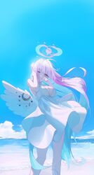 Rule 34 | 1girl, absurdres, angel wings, aqua hair, aqua halo, bare shoulders, beach, blue archive, blue sky, blush, breasts, cleavage, cloud, cloudy sky, commentary, crescent, day, dress, feathered wings, gradient halo, hair bun, halo, heart, highres, korean commentary, large breasts, legs, long hair, looking at viewer, low wings, mika (blue archive), multicolored hair, multicolored halo, ocean, outdoors, pink hair, pink halo, shiina 1001, single side bun, sky, smile, solo, standing, sundress, white dress, white wings, wings, yellow eyes