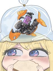 Rule 34 | 2girls, bag, blonde hair, blue eyes, blush, bread, cable, commentary, eating, english commentary, fish, food, freckles, goldfish, highres, holding, holding food, hololive, hololive english, looking up, mecha, mini person, minigirl, multiple girls, non-humanoid robot, plastic bag, robot, robot animal, robot fish, smile, smol ame, virtual youtuber, walfie (style), watson amelia, zedd (zedgawr)