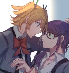 Rule 34 | 10s, 2girls, aoki shizumi, bad id, bad pixiv id, bow, collared shirt, commentary request, daiba nana, dress shirt, eye contact, glasses, green eyes, holding another&#039;s wrist, hoshimi junna, kabedon, looking at another, low ponytail, multiple girls, orange hair, partially unbuttoned, profile, red bow, school uniform, shirt, shoujo kageki revue starlight, sweatdrop, two side up, white shirt